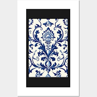 Floral Garden Botanical Print with Delft Blue and White Posters and Art